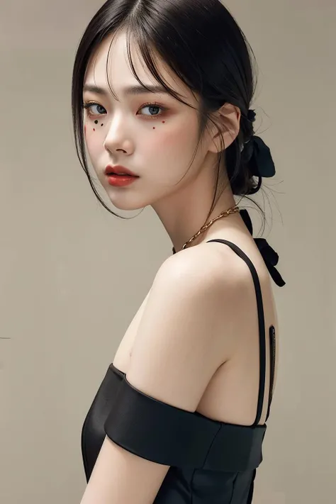 Best quality, masterpiece, ultra high res, (photorealistic:1.4), raw photo,1girl, solo, realistic, looking at viewer, upper body,simple background, black dress, off shoulder, <lora:makina69_bibi_v1.1:1>