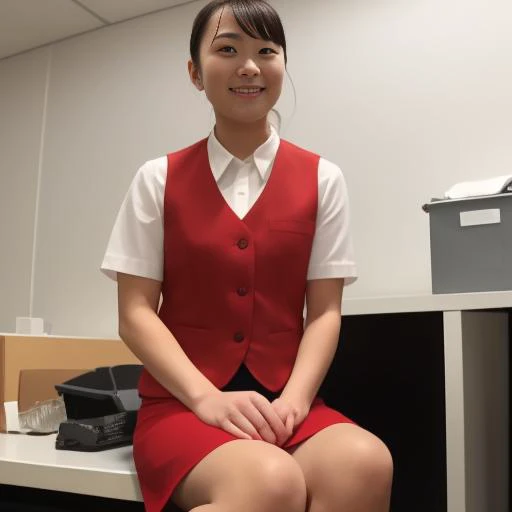 masterpiece, best quality, realistic, 1girl,solo,25 years old,red vest, red skirt,white shirt,short sleeves,sitting,<lora:officelady:0.7>office-lady