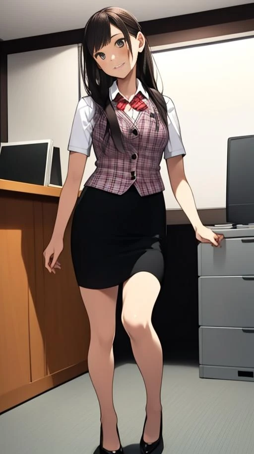 masterpiece, best quality, realistic, 1girl,solo,plaid vest, black skirt,white shirt,short sleeves,full full body, pencil skirt, long hair,<lora:officelady:0.7>office-lady
