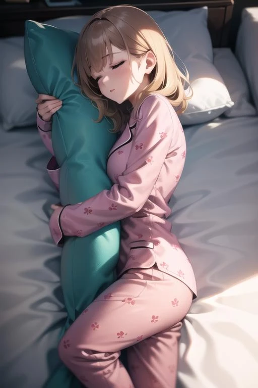 masterpiece, best quality, highres, soft lighting, best quality, hyper detailed
medium s, mature, mature_femalrl, toned,
pillow_hug, <lora:pillow_hug-10:0.2>,
sleeping, pajamas, lying,