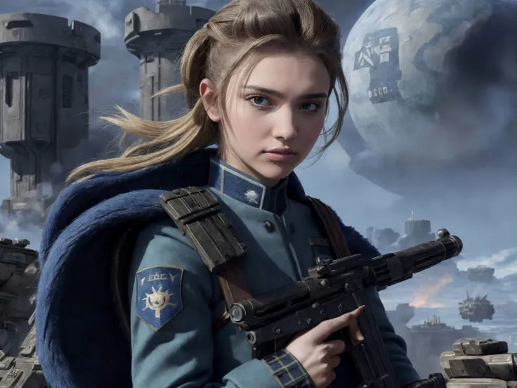 1girl, close shot professional photo of a woman, sharp focus, detailed skin texture, detailed eyes, detailed hair, <lyco:warhammer 40k imperial guardsman:.7>, rifle, sword, laser gun, blue military uniform, collar, soldier, astra militarum, imperial guard, warhammer, wh40k, <lyco:HJH:.5> mixed with Taylor Hill mixed with c4rmr0se mixed with nicoleclitman, blonde hair, background is a massive cityscape, battle, huge explosion in the background, the distant future, 1800s, color photo, <lyco:nomomassive:.7>