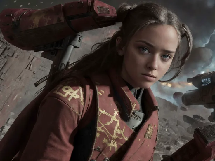 1girl, close shot professional photo of a woman, sharp focus, detailed skin texture, detailed eyes, detailed hair, <lyco:warhammer 40k imperial guardsman:.7>, rifle, sword, laser gun, red military uniform, collar, soldier, astra militarum, imperial guard, warhammer, wh40k, <lyco:MS:.5> mixed with <lyco:LFC:.5> mixed with d3m1r0s3 mixed with nicoleclitman, brown hair, background is a massive cityscape, battle, huge explosion in the background, the distant future, 1942, color photo, <lyco:nomomassive:.7>