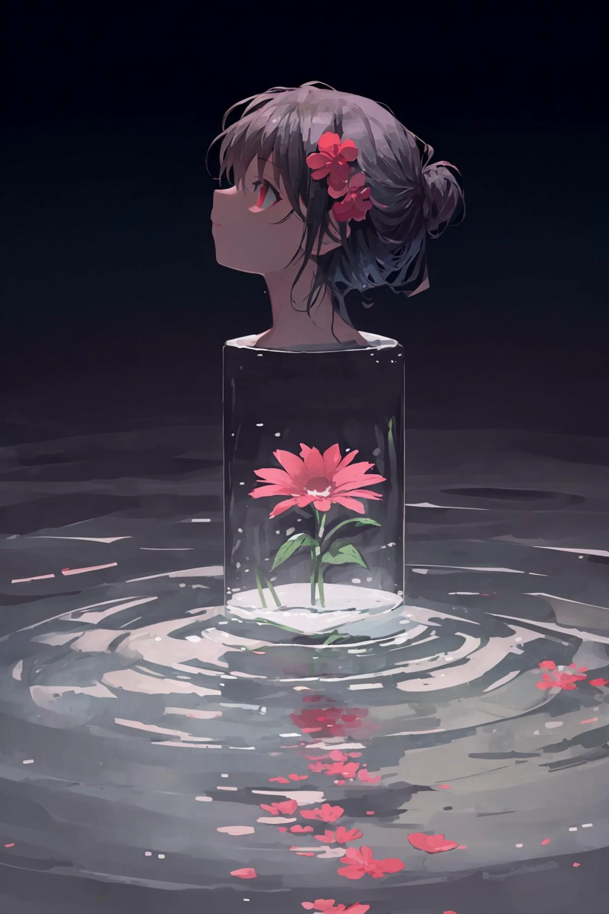masterpiece, best quality, potg style, 1girl, red flower, water, silhouette, <lora:potg_2.0-000018:0.8> <lora:silhouette-000012:0.3>