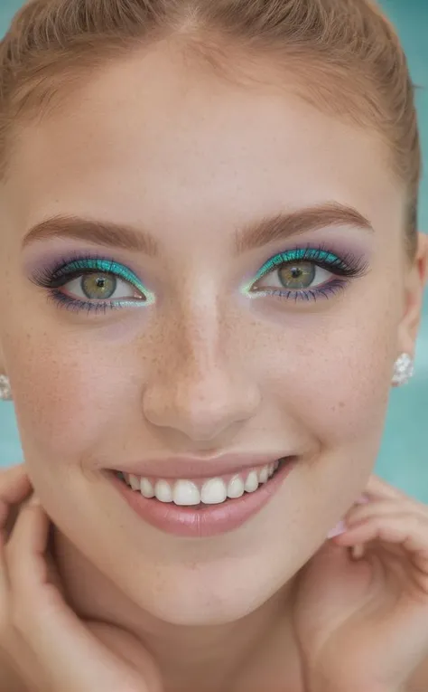 Imperfect, beautiful college girl modeling in a swimsuit, (freckles), big smile, detailed light crystal hazelgreen eyes, detailed iris, golden hair in a bun, bold metallic makeup, hyperdetailed photography, soft light, in the future, diamond earring, <lora:Bold_Metallic_Makeup:0.30>, from front, makeup, on camera flash, woman