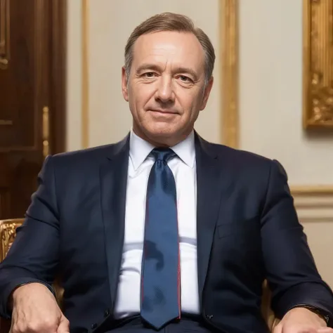 (8k, RAW photo, best quality, masterpiece:1.2), (realistic, photo-realistic:1.37), man, sitting on the throne , wide shot, indoor, formal, suit and tie, male_focus, shirt, looking at viewer, contemptuous, merciless, hands on handle, noble, fake smile,