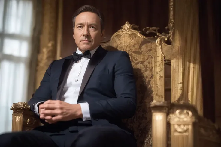 (8k, RAW photo, best quality, masterpiece:1.2), (realistic, photo-realistic:1.37), man, sitting on the throne , white silk covering the handle of the throne chair, hands on the the handle of the throne chair,wide shot, indoor, a dark room, light on face, formal, suit and tie, black suit, dark blue necktie, male_focus, white shirt, looking at viewer, contemptuous, merciless, from below, brooch, pronounced adornment,