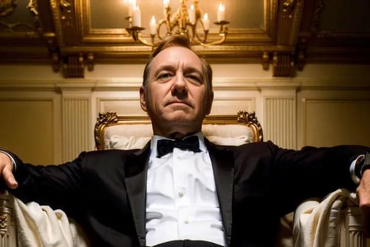 (8k, RAW photo, best quality, masterpiece:1.2), (realistic, photo-realistic:1.37), man, sitting on the throne , wide shot, indoor, very formal, suit and tie, male_focus, ( (looking at viewer,contemptuous, looking down):1.2), merciless, light on face,with blood on his hands, wide shot, camera from below, simple background, dark,