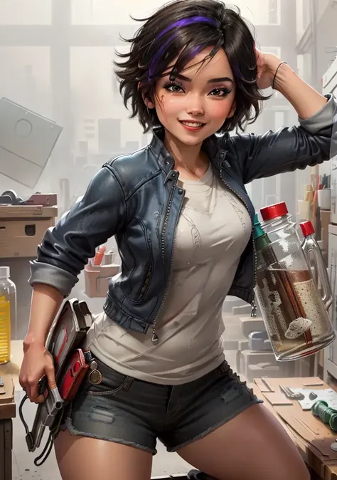 (GogoWaifu:1), cute, smile, sexy pose, looking at viewer, :D, (jacket, shorts, pants:1.2),
(realistic:1.2), (realism), (masterpiece:1.2), (best quality), (ultra detailed), (8k, 4k, intricate),(full-body-shot:1),(Cowboy-shot:1.2), (85mm),light particles, lighting, (highly detailed:1.2),(detailed face:1.2), (gradients), sfw, colorful, detailed eyes,
(detailed ladscape, lab, labroom:1.2), (mechanical, tools, chemical containers, desk:1.2), (explosion),(detailed background),detailed landscape, (dynamic angle:1.2), (dynamic pose:1.2), (rule of third_composition:1.3), (Line of action:1.2), wide shot, solo, daylight,
<lora:GogoTamago_character-20:0.55>