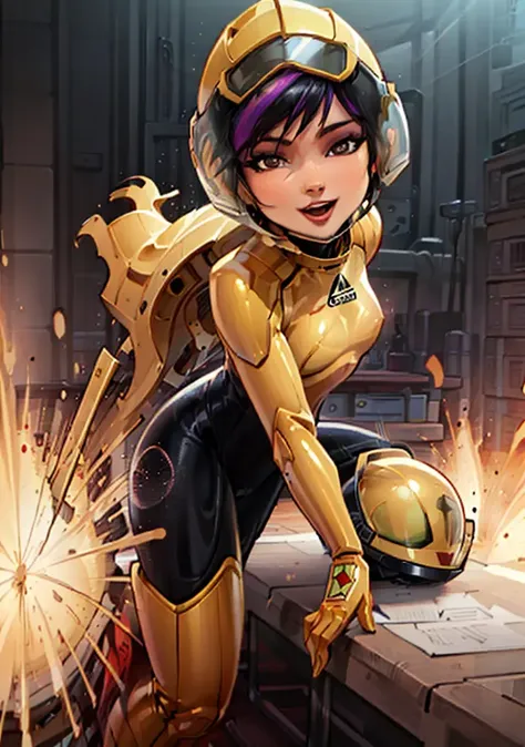 (GogoWaifu:1), cute, smile, sexy pose, looking at viewer, :D, (yellow bodysuit:1.2),(helmet),(armor),
(realistic:1.2), (realism), (masterpiece:1.2), (best quality), (ultra detailed), (8k, 4k, intricate),(full-body-shot:1),(Cowboy-shot:1.2), (85mm),light particles, lighting, (highly detailed:1.2),(detailed face:1.2), (gradients), sfw, colorful, detailed eyes,
(detailed ladscape, lab, labroom:1.2), (mechanical, tools, chemical containers, desk:1.2), (explosion),(detailed background),detailed landscape, (dynamic angle:1.2), (dynamic pose:1.2), (rule of third_composition:1.3), (Line of action:1.2), wide shot, solo, daylight,
<lora:GogoTamago_character-20:0.7> <lora:reiqStyleLORA_v2:0.7>