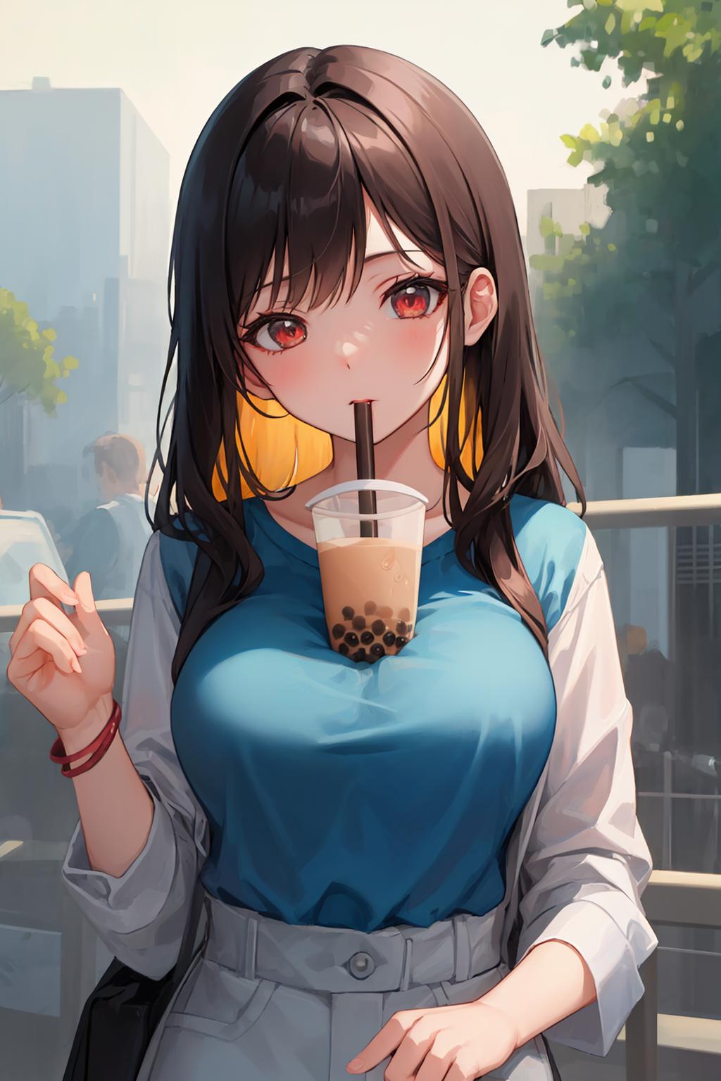 Anime girl with a cold drink in her hand - SeaArt AI