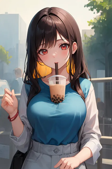 ((((ultra illustrated style:1.0)))),best quality,best animated,masterpiece,ray tracing, global illumination,bubble tea challenge,1girl, solo, looking at viewer, outdoors, upper body, large breasts,
<lora:bubble tea challenge-000011:0.9>