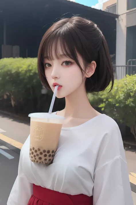 upper body closeup, Hands-Free_Bubble_Tea_Challenge, Bubble Tea between big breasts, a straw, (masterpiece, best quality:1.2), 1girl,,White Turtleneck knitted sweater,in classroom