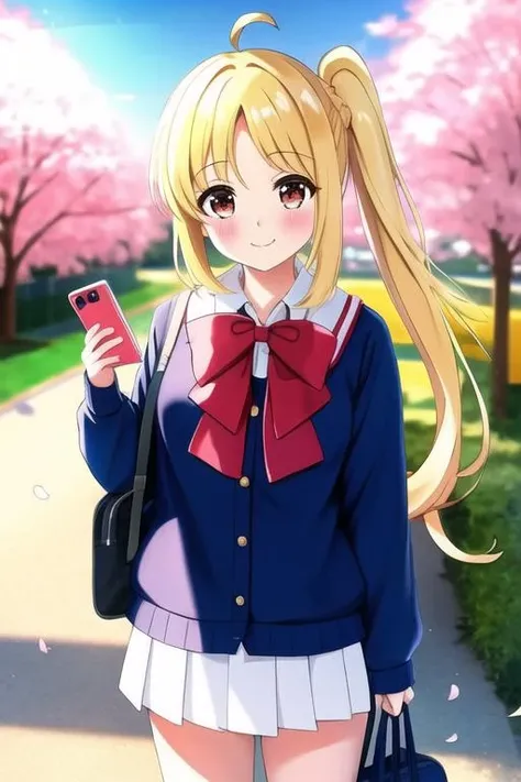 high quality, masterpiece, nijika_Ijichi, solo, looking_at_viewer, blush, smile, long_sleeves, bow, holding, closed_mouth, school_uniform, upper_body, outdoors, serafuku, day, bowtie, sailor_collar, red_bow, sweater, tree, petals, :3, phone, cardigan, cellphone, cherry_blossoms, smartphone, holding_phone, white_sailor_collar, <lora:nijika_Ijichi_v5-000150:0.9>