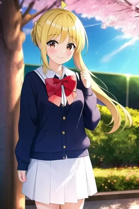 high quality, masterpiece, nijika_Ijichi, solo, looking_at_viewer, blush, smile, long_sleeves, bow, holding, closed_mouth, school_uniform, upper_body, outdoors, serafuku, day, bowtie, sailor_collar, red_bow, sweater, tree, petals, :3, phone, cardigan, cellphone, cherry_blossoms, smartphone, holding_phone, white_sailor_collar, <lora:nijika_Ijichi_v5-000150:0.9>