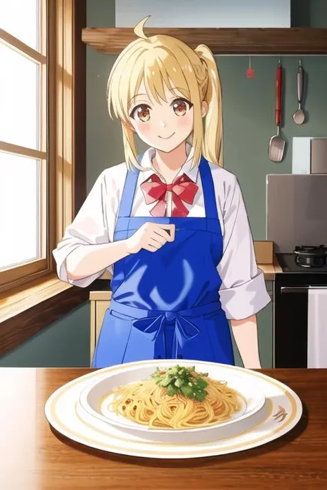 best quality, masterpiece, nijika_Ijichi, 1girl, smile, upper_body, messy wooden kitchen, cooking, wood furniture, vintage, messy room, spaghetti, plates, extreme detail, detailed drawing, sharp focus, apron, <lora:nijika_Ijichi_v5-000150:0.8>