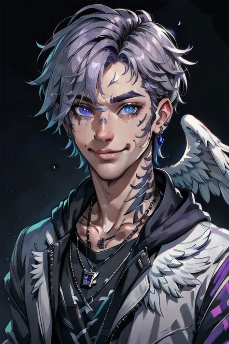 Easy Male Portrait, solo, looking at viewer, smile, short hair, blue eyes, shirt, 1boy, jewelry, closed mouth, purple eyes, collarbone, jacket, grey hair, male focus, earrings, wings, hood, necklace, lips, black jacket, grey eyes, tattoo, heterochromia, piercing, black background, ear piercing, portrait, feathered wings, angel wings, nose, white wings, neck tattoo