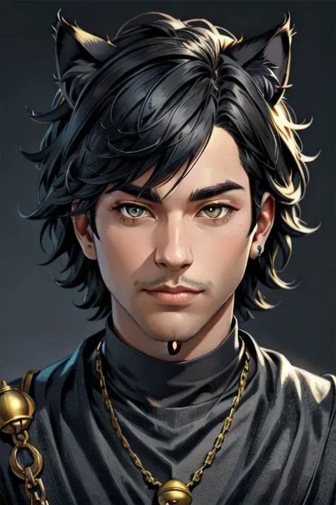 solo, looking at viewer, black hair, 1boy, animal ears, jewelry, male focus, cat ears, necklace, bell, realistic,Easy Male Portrait