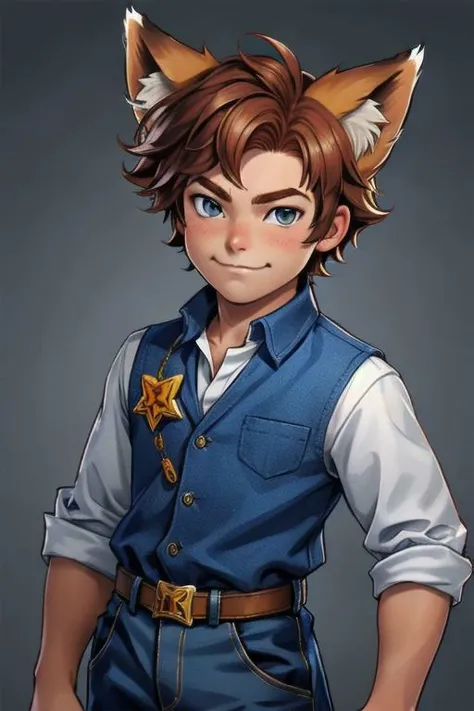 solo, looking at viewer, auburn hair, 1boy, funny face, male child, male focus, fox ears, cowboy shot