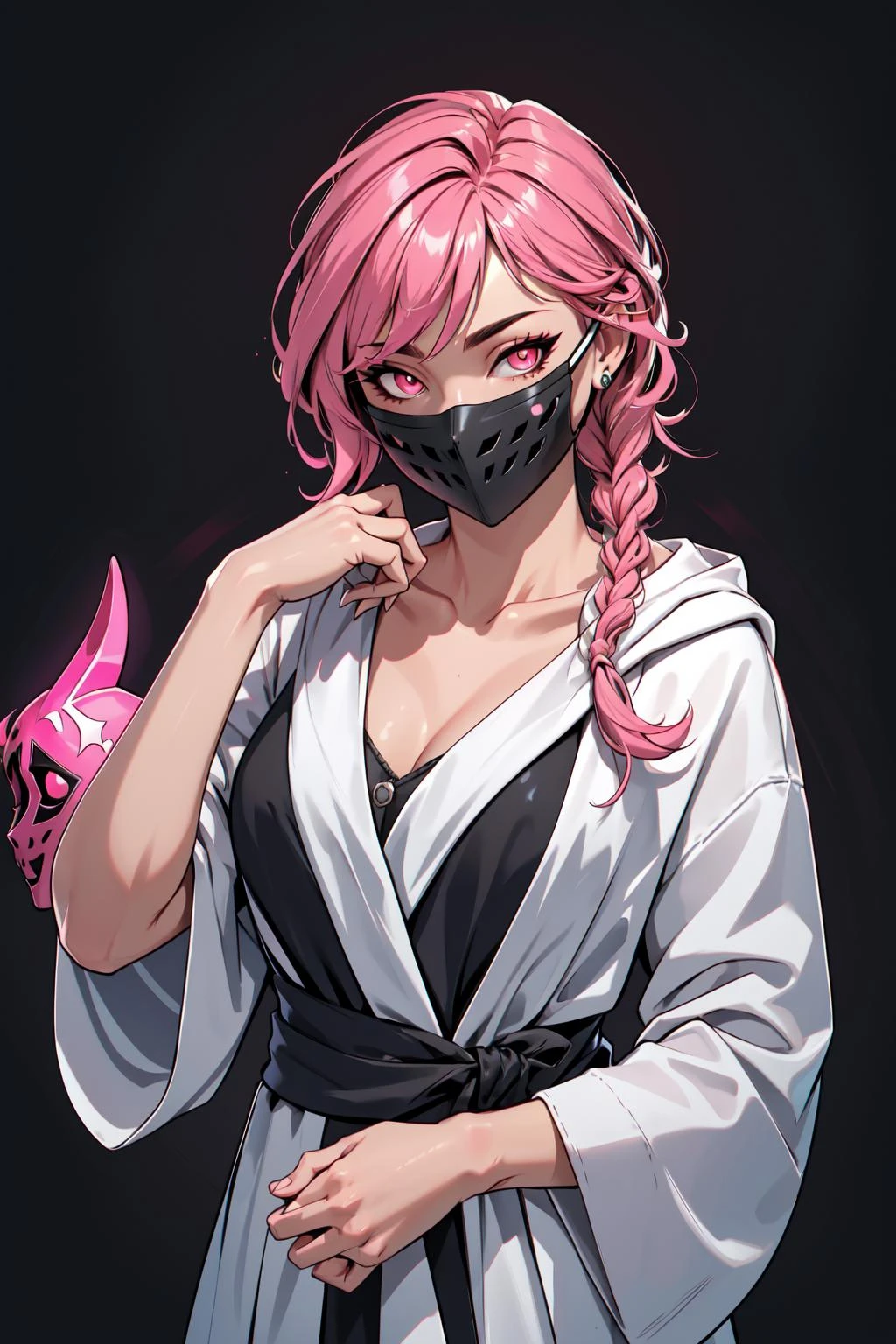 Masterpiece, official art, absurdres, insaneres, bangs, black robe, collarbone, flower, hand on own chin, hand up, hood, hood down, looking at viewer, mask, mask around neck, mask removed, medium hair, pink eyes, robe, side braid, single braid, smile, solo, upper body, extremely detailed, ultra sharp, side lighting, rim lighting, neon lighting
