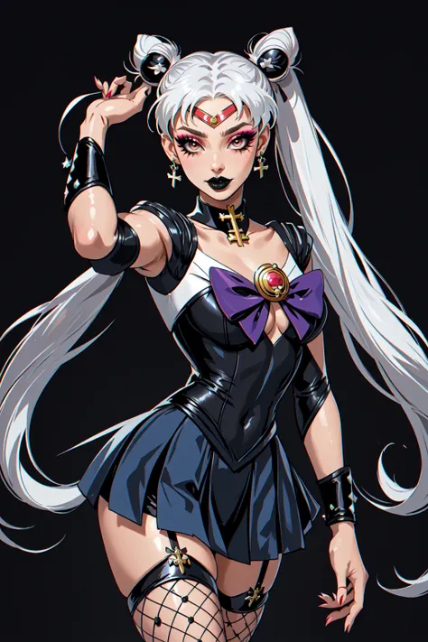 masterpiece, best quality, 1girl, gothic, black lips, solo, black hair, makeup, twin tails, hair buns, sailor moon, multicolored hair, white hair, bangs, eyeshadow, cross, hair bow, bow, lipstick, two-tone hair, fishnets, mascara, black background, hair ornament, (Genshin Impact)