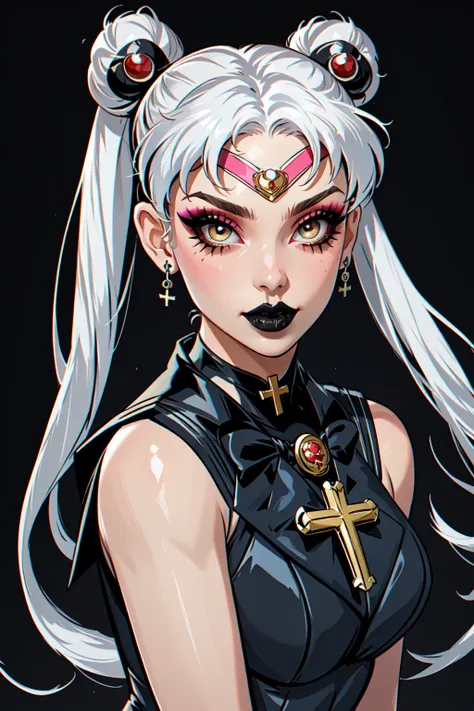 masterpiece, best quality, 1girl, gothic, black lips, solo, black hair, makeup, twin tails, hair buns, sailor moon, multicolored hair, white hair, bangs, eyeshadow, cross, hair bow, bow, lipstick, two-tone hair, fishnets, mascara, black background, hair ornament, (Genshin Impact)