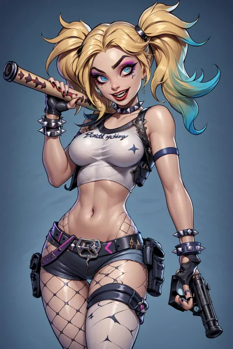 Harley Quinn,  1girl,  solo,  breasts,  smile,  open mouth,  blue eyes,  blonde hair,  shirt,  gloves,  twintails,  jewelry,  weapon,  pantyhose,  multicolored hair,  shorts,  belt,  fingerless gloves,  nail polish,  bracelet,  gun,  short shorts,  makeup,  lipstick,  fishnets,  multicolored clothes,  spikes,  handgun,  eyeshadow,  single glove,  fishnet pantyhose,  holster,  spiked bracelet,  baseball bat,  shoulder holster, <lora:EMS-51640-EMS:0.800000>