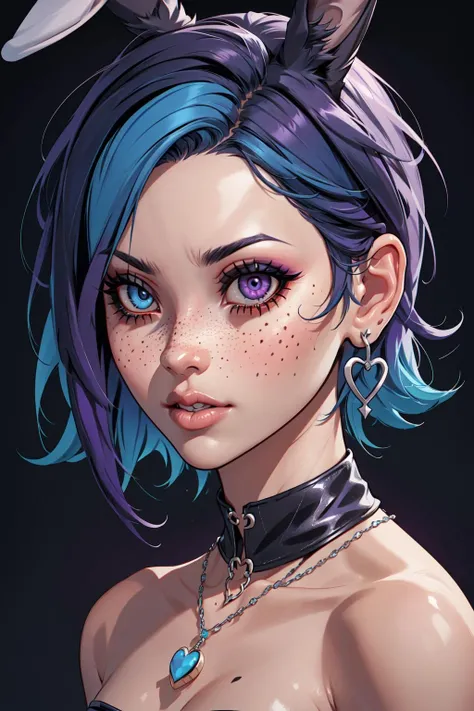 Masterpiece, official art, absurdres, insaneres, 1girl, solo, looking at viewer, short hair, blue eyes, black hair, animal ears, jewelry, blue hair, purple eyes, earrings, necklace, rabbit ears, lips, heterochromia, facial mark, portrait, freckles, viera, extremely detailed, ultra sharp, side lighting, rim lighting, neon lighting
