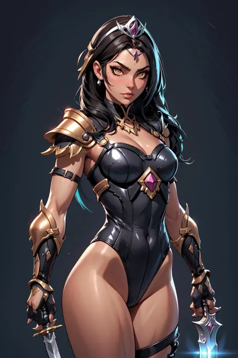 Masterpiece,  official art,  absurdres,  insaneres,  1girl,  solo,  long hair,  black hair,  gloves,  brown eyes,  weapon,  sword,  dark skin,  fingerless gloves,  twitter username,  holding weapon,  armor,  leotard,  dark-skinned female,  holding sword,  tiara,  shoulder armor,  extremely detailed,  ultra sharp,  side lighting,  rim lighting,  neon lighting