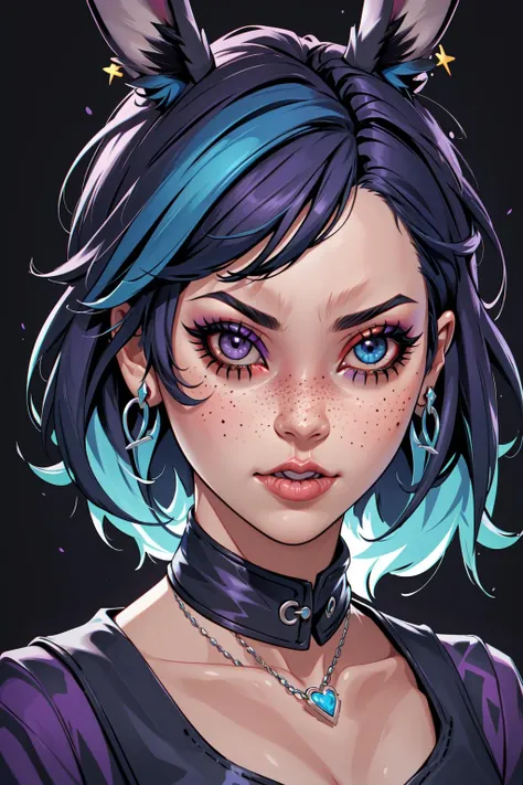 Masterpiece,  official art,  absurdres,  insaneres,  1girl,  solo,  looking at viewer,  short hair,  blue eyes,  black hair,  animal ears,  jewelry,  blue hair,  purple eyes,  earrings,  necklace,  rabbit ears,  lips,  heterochromia,  facial mark,  portrait,  freckles,  viera,  extremely detailed,  ultra sharp,  side lighting,  rim lighting,  neon lighting