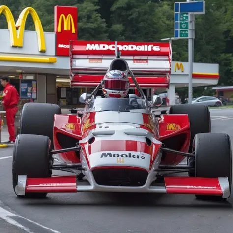 photo of a f312b, ultra detailed livery, 8k uhd, high quality, (in the McDonalds drive thru:1.4), hamburgers, customers, early hours of the morning of a summer day, 4k, glimpses of sunlight, vibrant color <lora:f312b_SDXL-LoRA-v02:0.7>