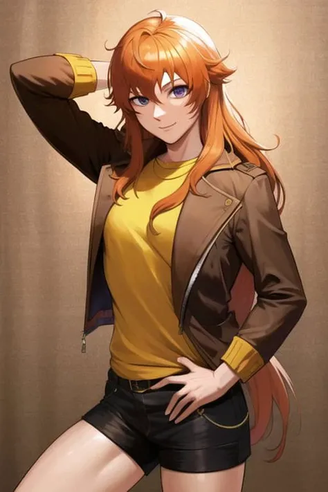 best quality, highres, absurdres, ultra detailed, <lora:RWBYYangV1:0.8>, YangXiaoLong, shorts, jacket,