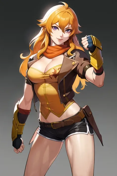 best quality, highres, absurdres, ultra detailed,  <lora:RWBYYangV1:0.8>, YangXiaoLong, 1girl, solo, shorts, jacket, cleavage, fist weapons