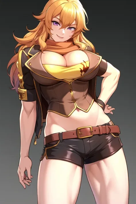 best quality, highres, absurdres, ultra detailed,  <lora:RWBYYangV1:0.8>, YangXiaoLong, shorts, jacket, cleavage