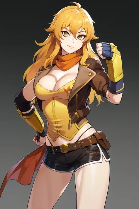 best quality, highres, absurdres, ultra detailed,  <lora:RWBYYangV1:0.8>, YangXiaoLong, 1girl, solo, yellow eyes, shorts, jacket, cleavage, fist weapons