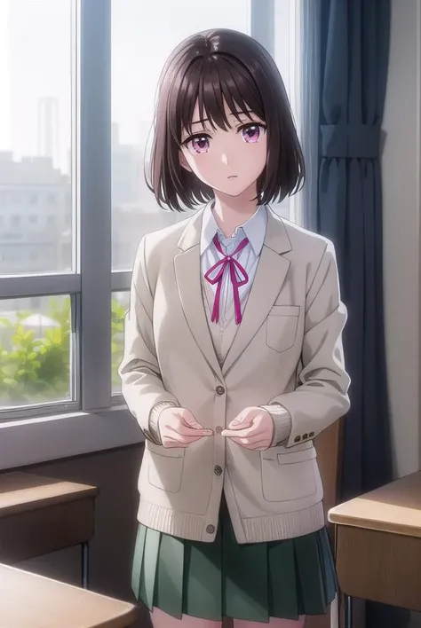 ichikaarima, <lora:ichika arima s1-lora-nochekaiser:1>,
ichika arima, short hair, brown hair, (pink eyes:1.3),
BREAK skirt, shirt, long sleeves, ribbon, school uniform, jacket, white shirt, pleated skirt, socks, collared shirt, red ribbon, kneehighs, neck ribbon, blazer, green skirt, black socks,
BREAK indoors, classroom,
BREAK looking at viewer, (cowboy shot:1.5),
BREAK <lyco:GoodHands-beta2:1>, (masterpiece:1.2), best quality, high resolution, unity 8k wallpaper, (illustration:0.8), (beautiful detailed eyes:1.6), extremely detailed face, perfect lighting, extremely detailed CG, (perfect hands, perfect anatomy),