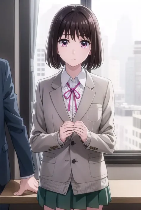 ichikaarima, <lora:ichika arima s1-lora-nochekaiser:1>,
ichika arima, short hair, brown hair, (pink eyes:1.3),
BREAK skirt, shirt, long sleeves, ribbon, school uniform, jacket, white shirt, pleated skirt, socks, collared shirt, red ribbon, kneehighs, neck ribbon, blazer, green skirt, black socks,
BREAK indoors, classroom,
BREAK looking at viewer, (cowboy shot:1.5),
BREAK <lyco:GoodHands-beta2:1>, (masterpiece:1.2), best quality, high resolution, unity 8k wallpaper, (illustration:0.8), (beautiful detailed eyes:1.6), extremely detailed face, perfect lighting, extremely detailed CG, (perfect hands, perfect anatomy),