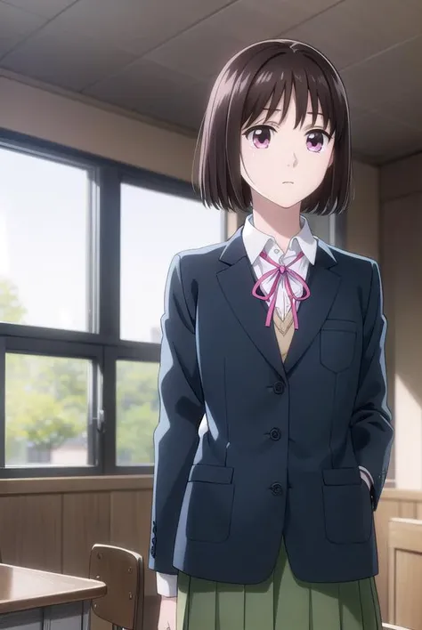 ichikaarima, <lora:ichika arima s1-lora-nochekaiser:1>,
ichika arima, short hair, brown hair, (pink eyes:1.3),
BREAK skirt, shirt, long sleeves, ribbon, school uniform, jacket, white shirt, pleated skirt, socks, collared shirt, red ribbon, kneehighs, neck ribbon, blazer, green skirt, black socks,
BREAK indoors, classroom,
BREAK looking at viewer, (cowboy shot:1.5),
BREAK <lyco:GoodHands-beta2:1>, (masterpiece:1.2), best quality, high resolution, unity 8k wallpaper, (illustration:0.8), (beautiful detailed eyes:1.6), extremely detailed face, perfect lighting, extremely detailed CG, (perfect hands, perfect anatomy),
