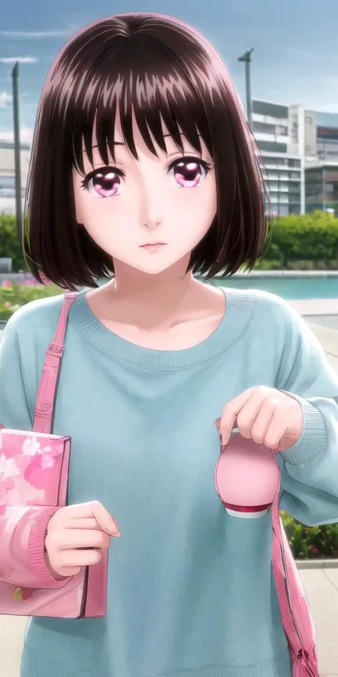 (Ultra-HD, ultra-HD-photo-realism) 1girl, <lora:ichika arima s1-lora-nochekaiser:1> ichika arima, short hair, brown hair, (pink eyes:1.3), teenager, small-chest, outdoors