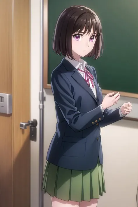 ichikaarima, <lora:ichika arima s1-lora-nochekaiser:1>,
ichika arima, short hair, brown hair, (pink eyes:1.3),
BREAK skirt, shirt, long sleeves, ribbon, school uniform, jacket, white shirt, pleated skirt, socks, collared shirt, red ribbon, kneehighs, neck ribbon, blazer, green skirt, black socks,
BREAK indoors, classroom,
BREAK looking at viewer, (cowboy shot:1.5),
BREAK <lyco:GoodHands-beta2:1>, (masterpiece:1.2), best quality, high resolution, unity 8k wallpaper, (illustration:0.8), (beautiful detailed eyes:1.6), extremely detailed face, perfect lighting, extremely detailed CG, (perfect hands, perfect anatomy),