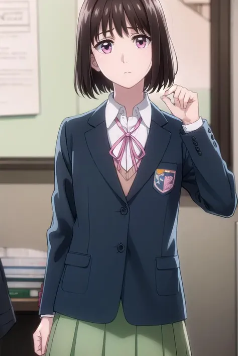 ichikaarima, <lora:ichika arima s1-lora-nochekaiser:1>,
ichika arima, short hair, brown hair, (pink eyes:1.3),
BREAK skirt, shirt, long sleeves, ribbon, school uniform, jacket, white shirt, pleated skirt, socks, collared shirt, red ribbon, kneehighs, neck ribbon, blazer, green skirt, black socks,
BREAK indoors, classroom,
BREAK looking at viewer, (cowboy shot:1.5),
BREAK <lyco:GoodHands-beta2:1>, (masterpiece:1.2), best quality, high resolution, unity 8k wallpaper, (illustration:0.8), (beautiful detailed eyes:1.6), extremely detailed face, perfect lighting, extremely detailed CG, (perfect hands, perfect anatomy),