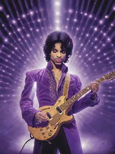 <lora:al3xxl:0.8> al3xxl Prince, playing guitar shaped in the Love Symbol, on stage, stage lights from above and back