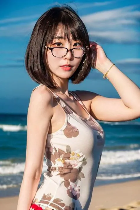 Naked Japanese girl standing on top of a cliff, short cut hair, Round glasses