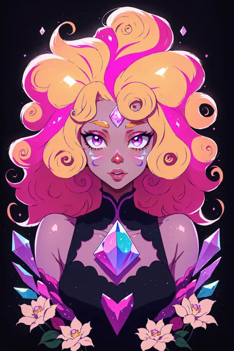 <lora:Su_Inspo:0.8> 1girl, big hair, blonde hair, cloud, colored skin, crystal, curly hair, dark skin, facepaint, hair flower, lips, long hair, looking at viewer, multicolored hair, pink hair, purple theme, simple background, solo, upper body, Steven Universe