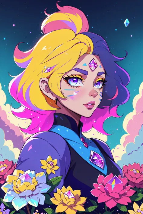 <lora:Su_Inspo:0.8> 1girl, blonde hair, cloud, colored skin, crystal, short hair, purple skin, facepaint, hair flower, lips, long hair, looking at viewer, multicolored hair, pink hair, blue and yellow theme, outdoors, solo, upper body, Steven Universe