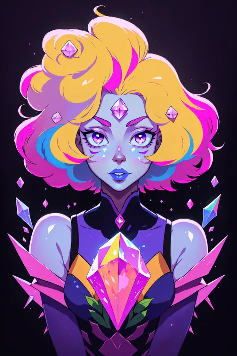 <lora:Su_Inspo:0.8> 1girl, big hair, blonde hair, cloud, colored skin, crystal, short hair, purple skin, facepaint, hair flower, lips, long hair, looking at viewer, multicolored hair, pink hair, purple theme, simple background, solo, upper body, Steven Universe