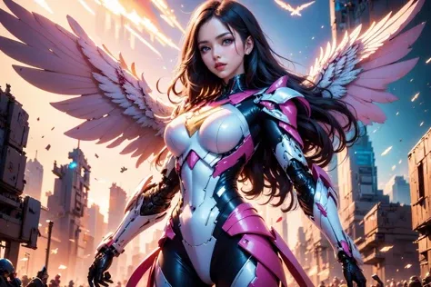 1girl,concept artwork,black hair,(Heroic and heroic girl:1.4),sky,wing,wings with fans,graphics card fan,strong woman mecha warrior,mighty and domineering,cool mecha,32k,pink and white color scheme,white armor,white_background,standing,cowboy_shot,<lora:AGirl_v1:1>,