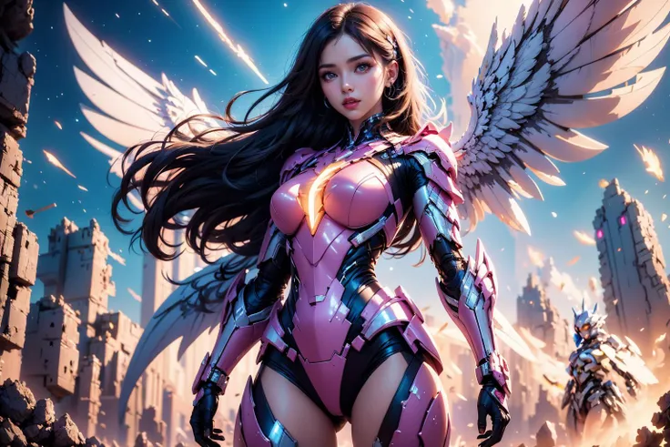 1girl,concept artwork,black hair,(Heroic and heroic girl:1.4),sky,wing,wings with fans,graphics card fan,strong woman mecha warrior,mighty and domineering,cool mecha,32k,pink and white color scheme,white armor,white_background,standing,cowboy_shot,<lora:AGirl_v1:1>,