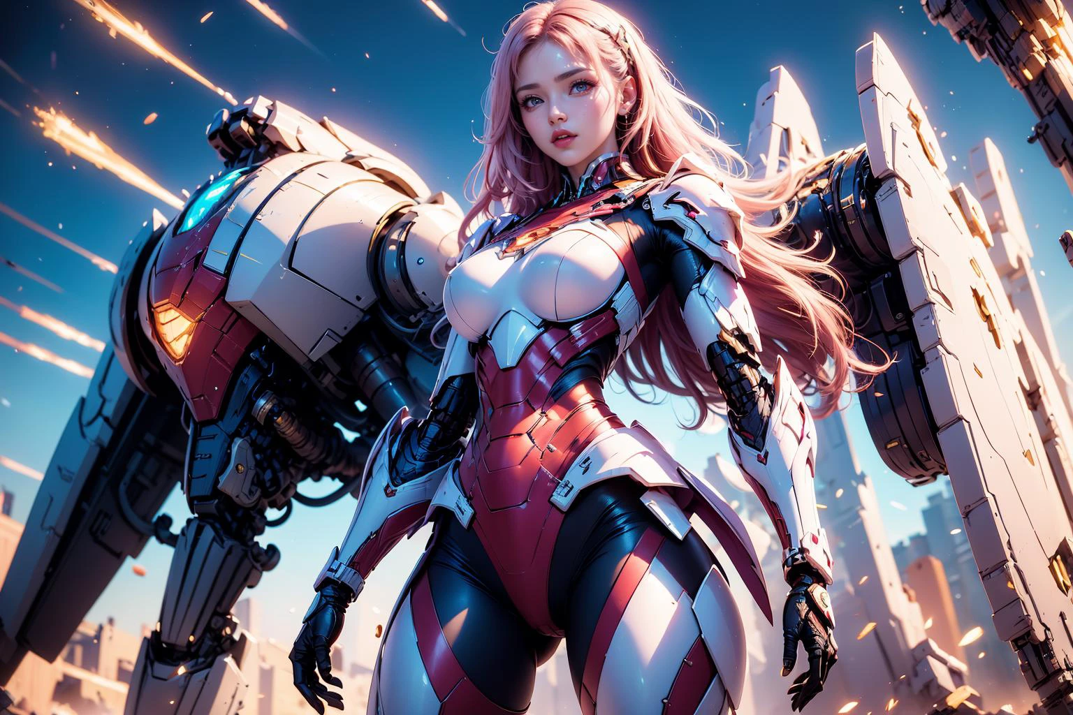 1girl,(Heroic and heroic girl:1.4),strong woman mecha warrior,mighty and domineering,cool mecha,32k,pink and white color scheme,white armor,white_background,standing,<lora:AGirl_v1:1>,