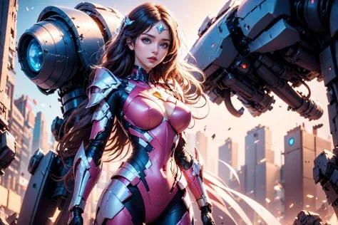 1girl,(Heroic and heroic girl:1.4),strong woman mecha warrior,mighty and domineering,cool mecha,32k,pink and white color scheme,armor,white_background,standing,<lora:AGirl_v1:1>,