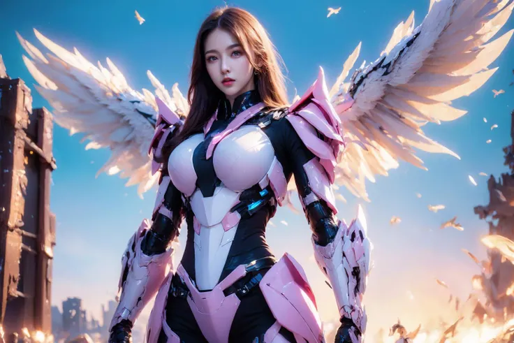 1girl,concept artwork,long hair,(a lonely solo boy:1.4),sky,wing,wings with fans,graphics card fan,strong male mecha warrior,mighty and domineering,cool mecha,32k,blue and white color scheme,(pink armor:1.05),white_background,standing,cowboy_shot,<lora:AGirl_v1:1>,